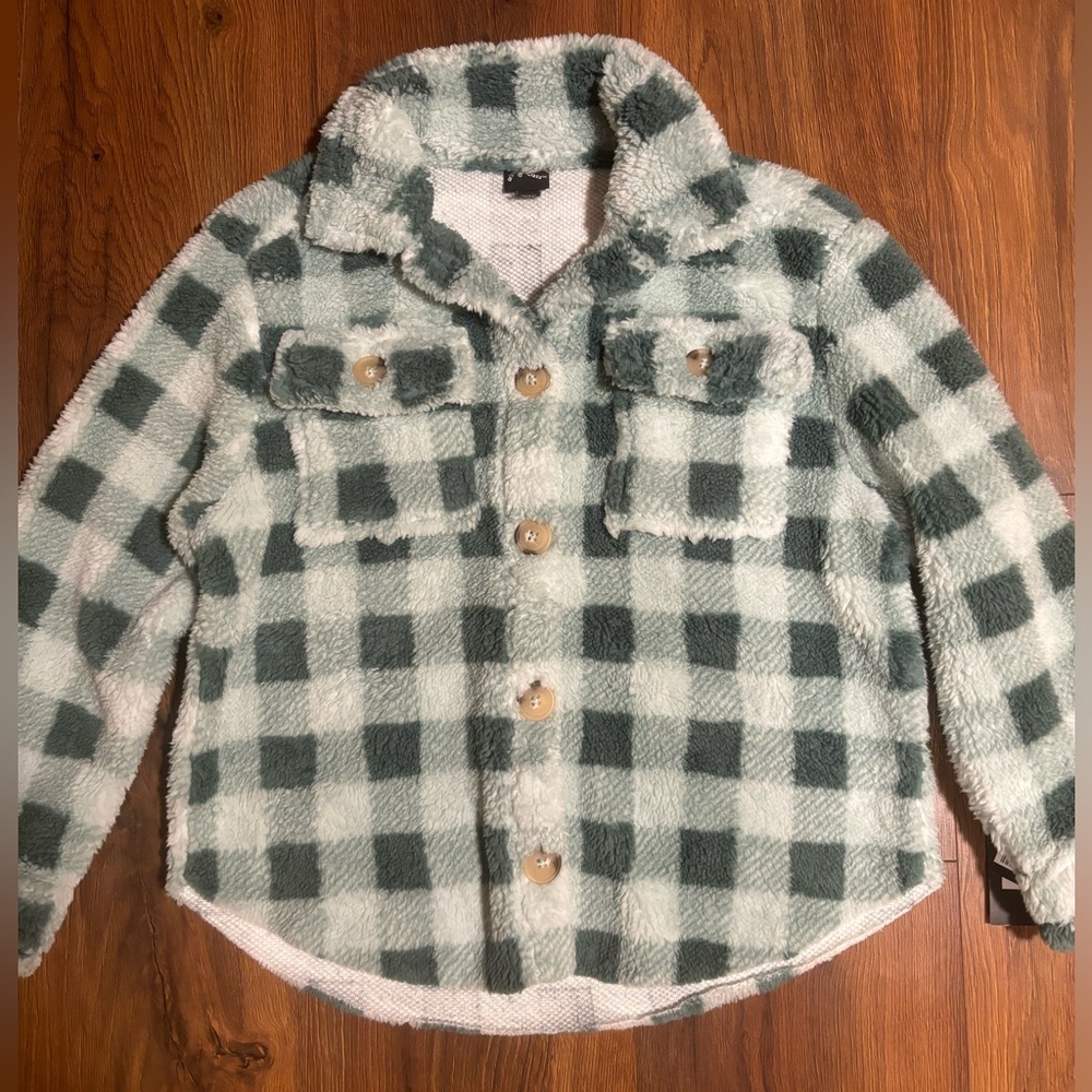 Art Class Girls' Faux Shearling Plaid Shacket - Teal Green - Picture 4 of 5
